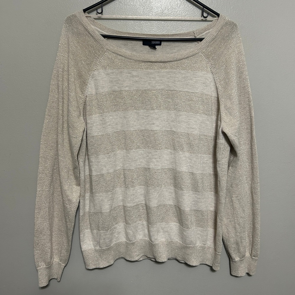 a.n.a Sweater Women XL Gold Beige Striped Metallic Boat Neck Raglan Glam Holiday